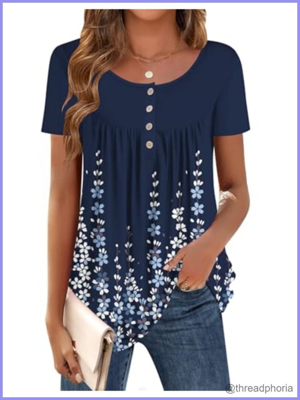 Women's Floral Tunic Top Short Sleeve Scoop Neck Blouse